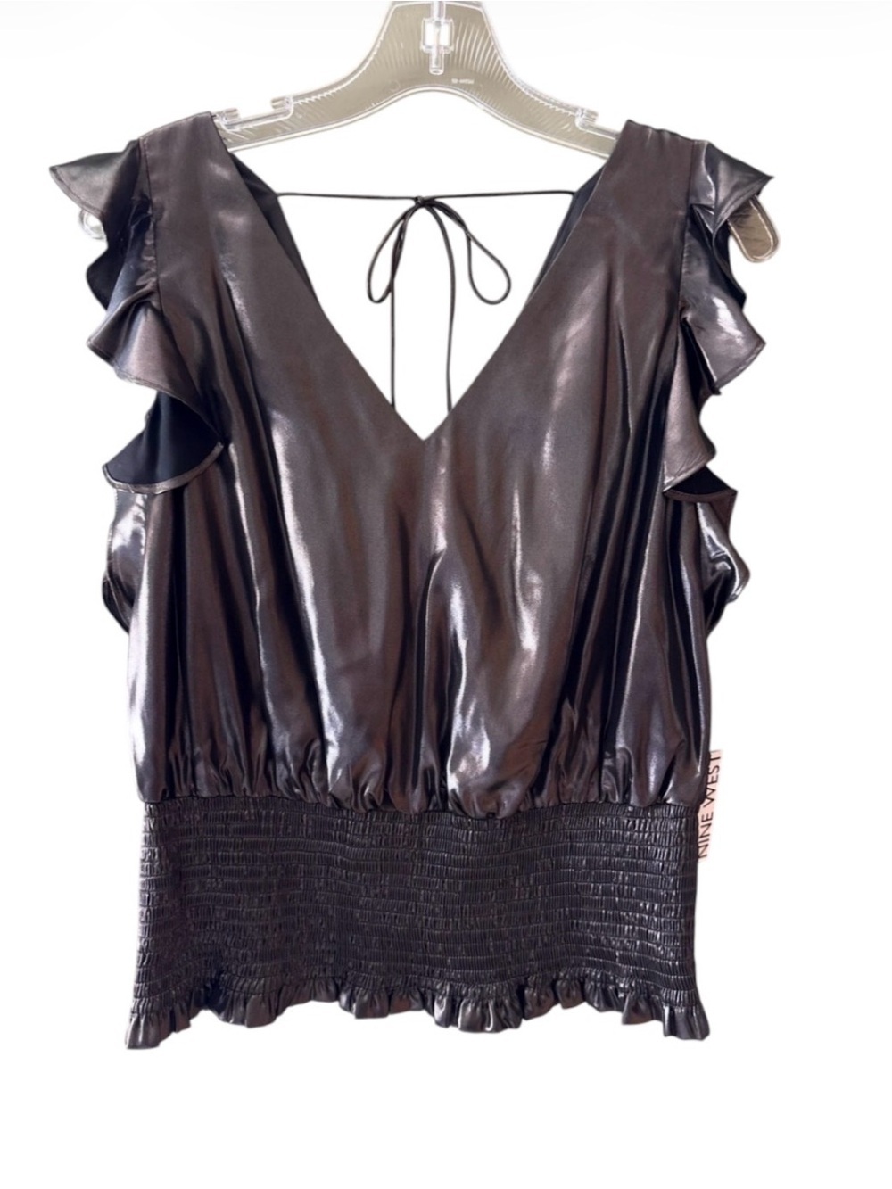 NWT Nine West V-Neck Glossy Metallic Flutter Sleeve Smock Waist Size L